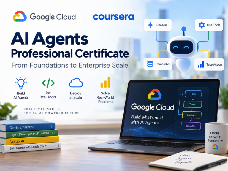 Google Cloud AI Agents Professional Certificate on Coursera featuring AI agent development, tools, memory and enterprise deployment.