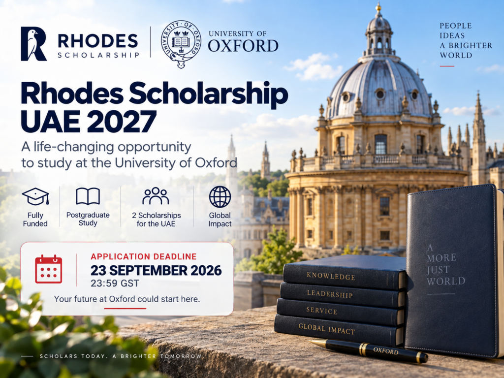 Rhodes Scholarship UAE 2027 fully funded postgraduate scholarship at the University of Oxford, with application deadline 23 September 2026.