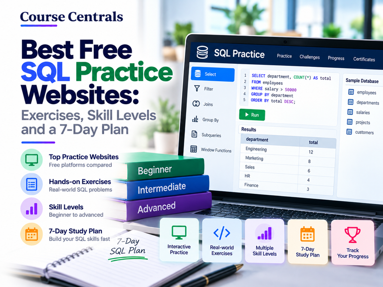 Course Centrals guide to free SQL practice websites with exercises, skill levels and a seven-day study plan